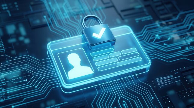 Digital ID card with glowing blue circuits and a secure padlock icon for biometric authentication.