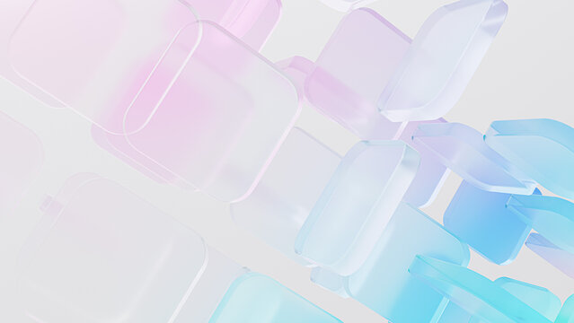 Soft pastel pink and blue glass floating blocks. Creative web backgrounds, modern soft UI elements 3d rendering