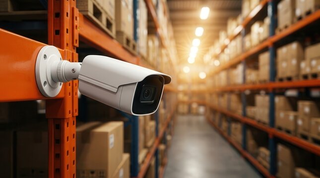 White surveillance camera installed in a modern warehouse to secure operations.