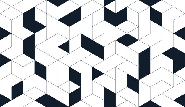 Abstract isometric cube pattern background. Geometric blocks, seamless 3D tiling, architectural grid lines and modern polygon wallpaper. Construction, technology, packaging and interior design layout