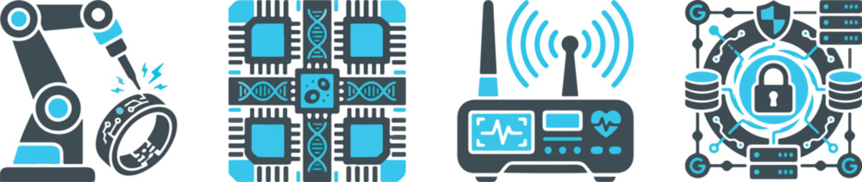 Smart medical technology icons featuring robotic surgery arm biochip sensor device wireless router and database.