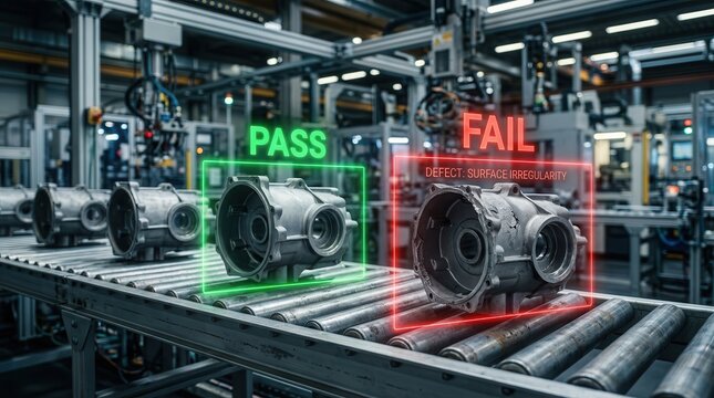 AI quality control automation system detecting pass and fail parts on a manufacturing line.