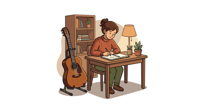 Young caucasian woman sitting at a desk and writing lyrics in her notebook next to an acoustic guitar on a stand on a clean white background concept of songwriting and artistic inspiration