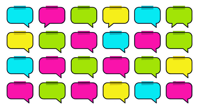 Organized template row grid of bright multi colored sticky notes shaped like speech bubbles attached with adhesive tape on a clean white background concept of brainstorm messaging