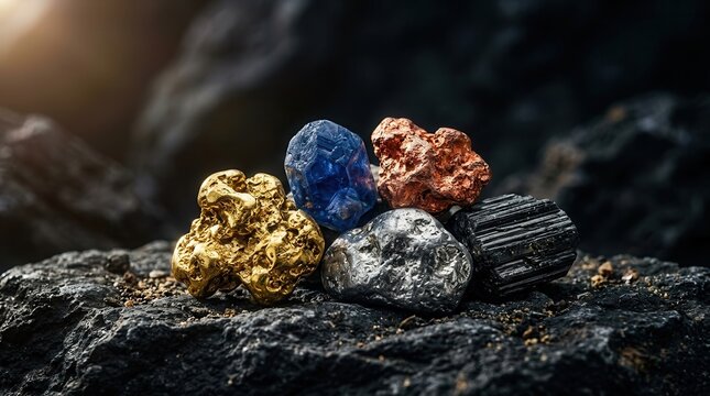 A collection of rare earth mineral resources resting on a dark textured surface.