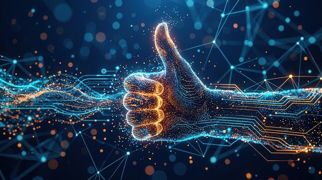 Digital hand giving a thumbs up gesture with glowing particles and network connections.