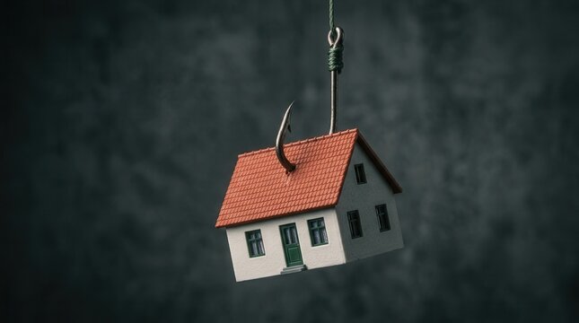A small house model hanging from a metal fish hook representing a real estate scam and fraud.