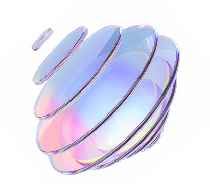 Spherical glass layered disc structure with iridescent gradient. 3d rendering futuristic tech background.