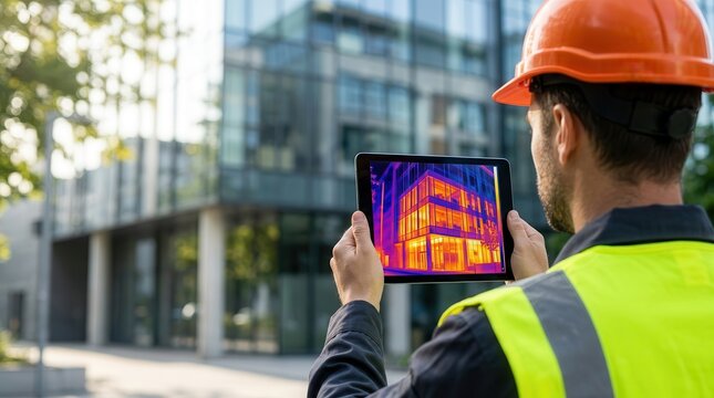 Technician using a tablet to display an infrared thermal image of a building exterior.