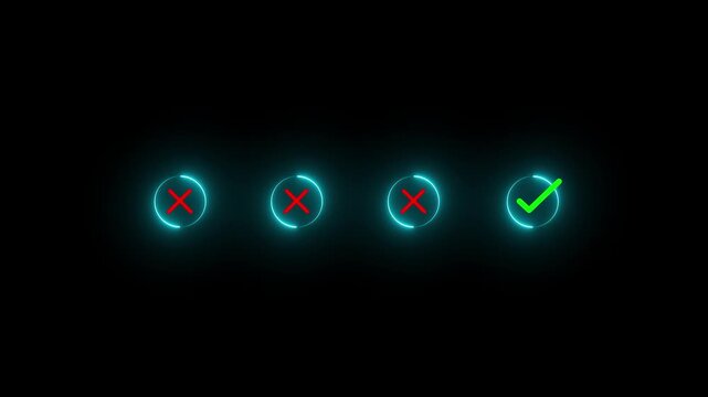 Neon approval, approved, check, checkmark, choice, choose, confirm, correct, cross, decision. use finger to select green correct mark put on round wooden chip, the concept of choice .4k video