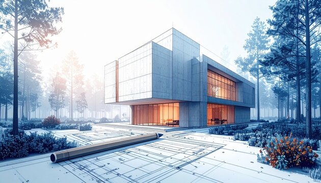 Minimalist concrete block house with large window overlooking misty pine forest integrated with architectural floor plans and pencil