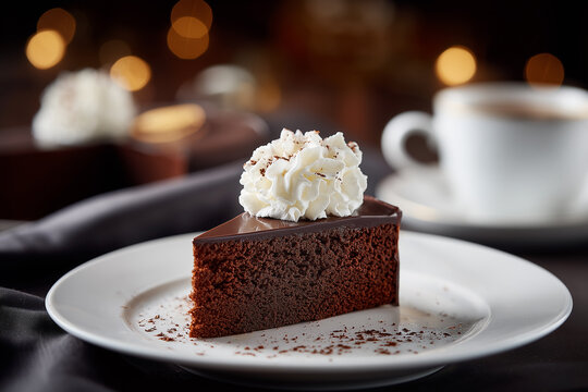 sacher torte chocolate cake slice with whipped cream on white plate in elegant viennese cafe atmosphere