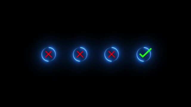 Neon approval, approved, check, checkmark, choice, choose, confirm, correct, cross, decision. use finger to select green correct mark put on round wooden chip, the concept of choice .4k video
