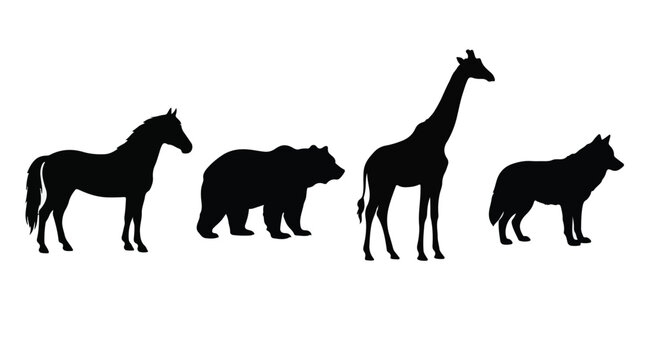 Silhouettes of horse bear giraffe and wolf