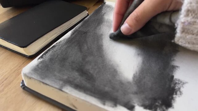 Close up of hand blending charcoal with cloth on sketchbook