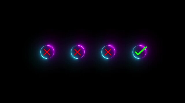 Neon approval, approved, check, checkmark, choice, choose, confirm, correct, cross, decision. use finger to select green correct mark put on round wooden chip, the concept of choice .4k video