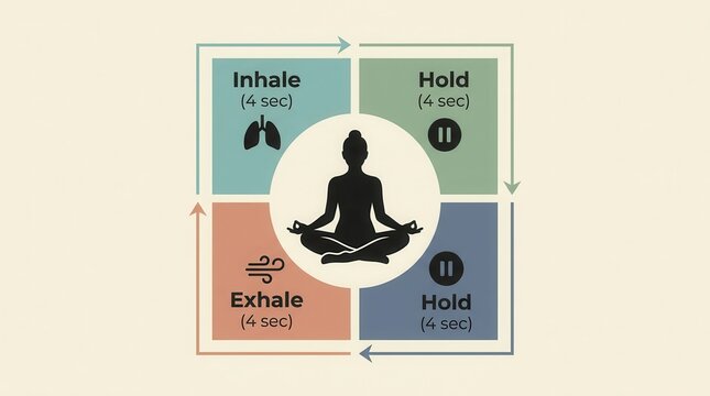 Box breathing technique diagram showing inhale, hold, and exhale steps with a meditation icon.
