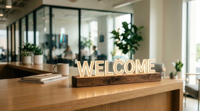 A glowing welcome sign on a desk symbolizes a friendly onboarding process in a modern office.