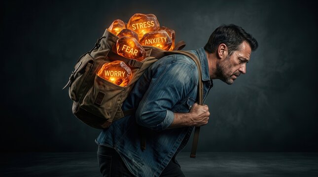 A man burdened by a conceptual backpack filled with glowing stones representing heavy emotional weight.
