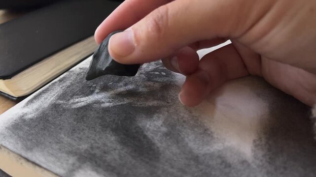 Close up of kneaded eraser removing charcoal from sketchbook