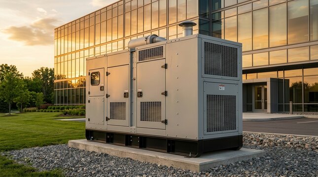 Durable industrial backup generator system ensuring uninterrupted electricity outside a modern commercial building.