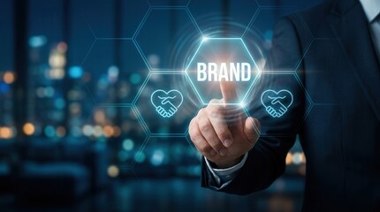 Fototapeta premium A person touching a glowing brand icon within a digital network of handshake icons to represent trust and loyalty.