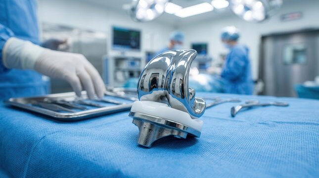 Orthopedic knee replacement implant components on a sterile surgical tray for arthroplasty.