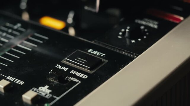 Music studio close up, Close up hands shot of sound engineer using mixing console, remote control for adjusting sound, audio mixer. Musician creates music, makes remix for DJ set. Sound recording