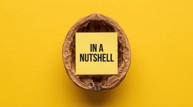 The phrase in a nutshell written on a note inside a walnut shell symbolizing a business summary.