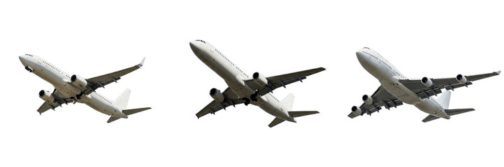 Airplane Cutout PNG Set, Airplane Taking Off Bottom View Transparent Background, Flying Airplane Commercial Jet Liner Clipart, Aviation Travel Graphic Design Elements © Petesh