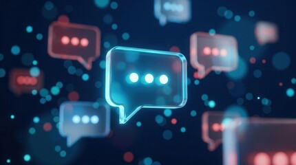 Creative GPT chat hologram with speech bubbles on a blurred blue background representing artificial intelligence. © Masque