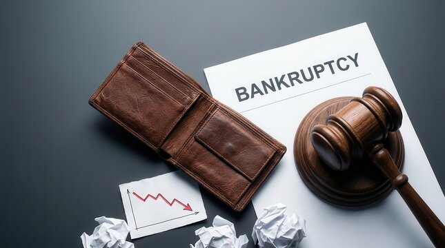 Personal bankruptcy and financial ruin represented by an empty wallet and a court gavel.