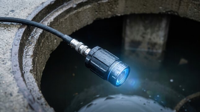 Professional pipe inspection camera inserted into a wet drain manhole for assessment.