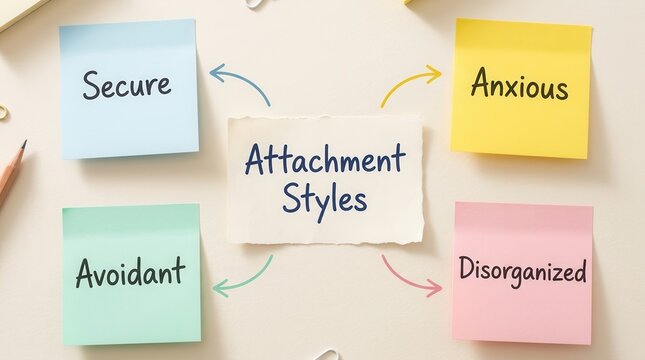Concept of psychological attachment styles featuring secure, anxious, avoidant, and disorganized relational behavior.