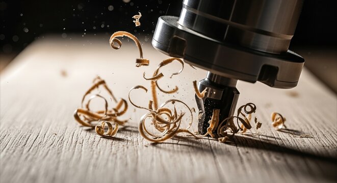 CNC router bit carving wood, creating dynamic wood shavings in dramatic light, action and precision
