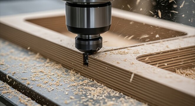 CNC milling machine precisely cutting wood layers, showcasing expert craftsmanship and dynamic workshop action with copy space.