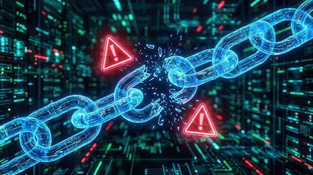 Broken digital chain with warning signs for cybersecurity vulnerability and data breach protection.