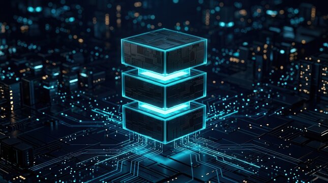 Glowing layered server stack on a circuit-like surface representing database migration.