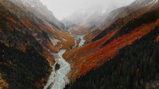 Valley river landscape, Fastflowing braided river in colorful valley landscape, Survey of swift braided river flowing through vibrant valley with fiery autumn colors and rocky banks