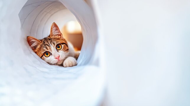 A cat crawls through a white paper background and reaches for a target, isolated on a white background.