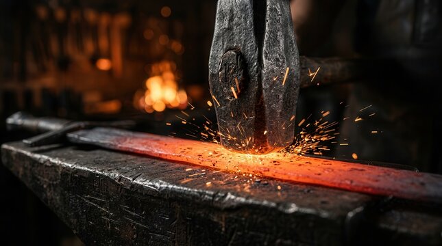 A blacksmith forging a steel sword on an anvil with a heavy hammer.