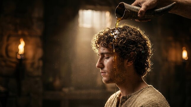 Biblical scene of an ancient ritual where holy oil is poured from a horn onto a king.