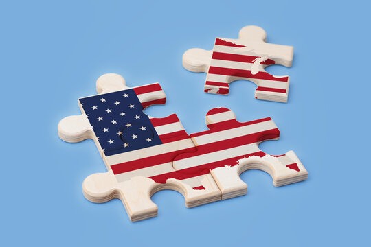 American map with flag on wooden jigsaw puzzle pieces on blue background, symbolizing national unity, politics and democracy. Concept for election results, policy debate and political strategy.
