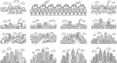 Cityscape and suburban village landscape collection with residential houses city buildings skyscrapers and community neighborhood architecture line art flat vector illustration © MstHura