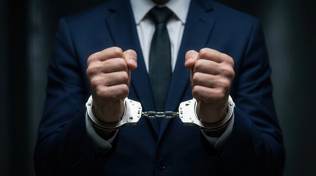 A businessman in a suit with handcuffed hands representing financial crime and corruption.