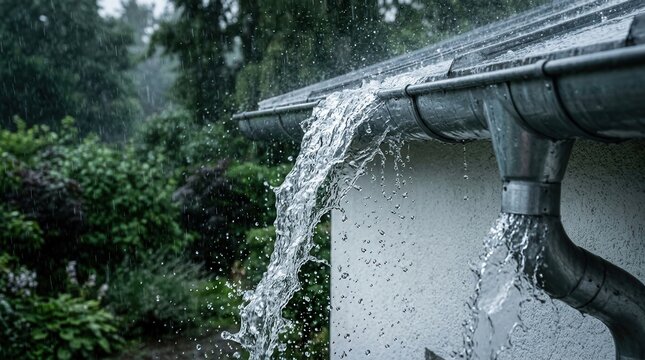 Heavy rain water overflowing from a blocked metal roof gutter during a severe storm.