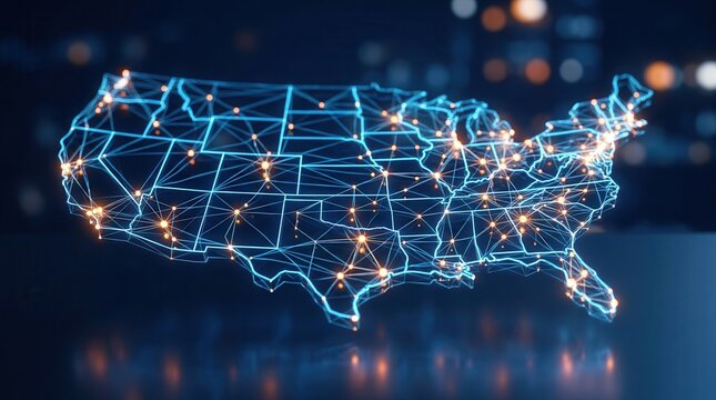 United States map made of connected nodes illustrating a nationwide digital network.