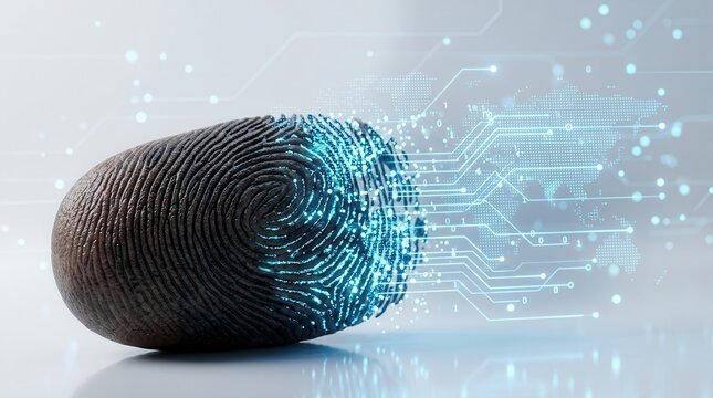 Fingerprint mapped to digital data lines symbolizing forensic investigation and personal data records.