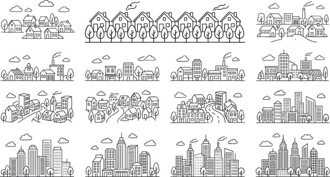 Cityscape and suburban village landscape collection with residential houses city buildings skyscrapers and community neighborhood architecture line art flat vector illustration
