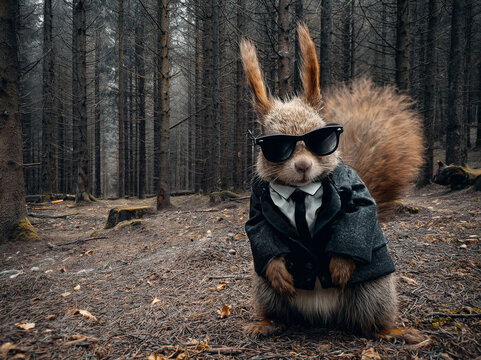 Wiewi&oacute;rka ubrana w elegancki garnitur z krawatem oraz ciemne okulary stoi pośr&oacute;d gęstych drzew. Humorystyczne zestawienie zwierzęcia z oficjalnym strojem tworzy niezwykły, surrealistyczny klimat.